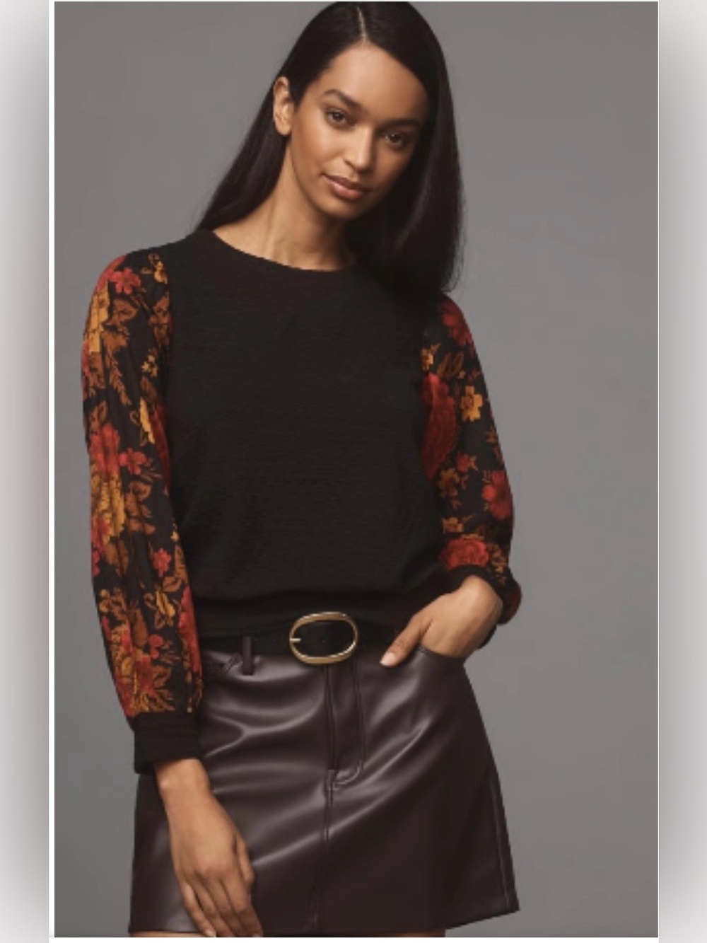 NWT Anthropologie Porridge Black Top with Red & Gold Floral Sleeves